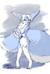  2020 4_toes 5_fingers abstract_background anthro big_tail blokfort blue_body blue_eyes blue_fur braided_hair breasts canid canine chest_tuft covering covering_breasts covering_crotch covering_self female fennec fingers forehead_gem fox fur gradient_background hair kalta looking_at_viewer mammal nude short simple_background solo toes tuft white_body white_fur white_hair 