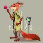  anthro barefoot bottomwear canid canine clothed clothing disney food fox fully_clothed fur green_eyes holding_food holding_object looking_at_viewer mammal neck_tuft necktie nick_wilde orange_body orange_fur pants pawpsicle popsicle red_fox shirt smile solo standing topwear tuft yasiplay zootopia 