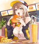 1girl absurdres bare_shoulders baseball_cap black_jacket breasts brown_eyes brown_hair choker cleavage cup disposable_cup drinking_straw ear_piercing fast_food food french_fries grey_shirt hamburger hat highres holding holding_food jacket large_breasts long_hair looking_at_viewer off_shoulder open_clothes open_jacket open_mouth original piercing shirt sidelocks solo teffish upper_body 