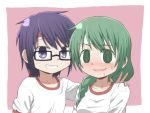  2girls @_@ ahoge bangs black-framed_eyewear blue_eyes blue_hair blush braid collarbone eyebrows_visible_through_hair glasses green_eyes green_hair hair_over_shoulder hand_on_another&#039;s_shoulder hidamari_sketch highres long_hair looking_at_viewer multiple_girls natsume_(hidamari_sketch) open_mouth pink_background sae short_hair sidelocks simple_background smile sweatband sweatdrop swept_bangs tomi_tsukasa v 