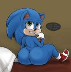  2019 anthro big_butt black_nose blackwhiplash blue_body blue_hair butt clothing dialogue english_text eulipotyphlan footwear gloves green_eyes hair handwear hedgehog looking_back male mammal mostly_nude mouth_hold penis shoes simple_background sitting solo sonic_the_hedgehog sonic_the_hedgehog_(film) sonic_the_hedgehog_(series) speech_bubble teeth text 