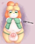  animal_crossing anthro balls bodily_fluids breasts canid canine canis clothed clothing dialogue domestic_dog english_text fur furfireburst genital_fluids green_eyes hair humanoid_penis intersex isabelle_(animal_crossing) low-angle_view mammal nintendo penis precum shih_tzu solo text toy_dog video_games yellow_body yellow_fur 