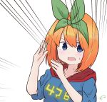  1girl bangs blue_eyes blue_hoodie blush breasts clothes_writing emphasis_lines eyebrows_behind_hair go-toubun_no_hanayome green_ribbon hair_between_eyes hair_ribbon hands_up highres hood hood_down hoodie kujou_karasuma looking_at_viewer medium_breasts nakano_yotsuba open_mouth ribbon short_sleeves signature simple_background solo sweat upper_body v-shaped_eyebrows white_background 