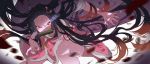  1girl action angry asa_no_ha_(pattern) bamboo bit_gag black_hair black_haori black_nails checkered_obi felicia_chen fingernails forehead gag glaring gradient_hair hair_ribbon japanese_clothes kamado_nezuko kimetsu_no_yaiba kimono leg_up long_hair looking_at_viewer motion_blur mouth_hold multicolored_hair pale_skin pink_eyes pink_hair pink_kimono pink_ribbon ribbon sharp_fingernails solo standing veins very_long_hair 