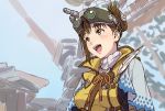  1girl brown_eyes brown_hair commentary_request eyebrows_visible_through_hair feathers goggles goggles_on_head handler_(monster_hunter_world) monster_hunter monster_hunter:_world nigou open_mouth shoulder_belt sketch solo sweater turtleneck turtleneck_sweater updo vest 