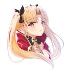  1girl bangs black_ribbon blonde_hair blush cape commentary_request cropped_torso earrings ereshkigal_(fate/grand_order) eyebrows_visible_through_hair fate/grand_order fate_(series) hair_ribbon highres hikashou infinity jewelry long_hair looking_at_viewer parted_bangs parted_lips red_cape red_eyes ribbon simple_background skull solo spine twintails upper_body white_background 
