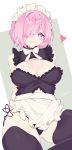  1girl alternate_costume apron arms_behind_back bare_shoulders black_legwear black_panties blush bow breasts commentary eyebrows_visible_through_hair fate/grand_order fate_(series) hair_over_one_eye heart highres large_breasts lavender_hair litsvn looking_at_viewer maid_apron maid_headdress mash_kyrielight one_eye_closed panties purple_eyes purple_hair short_hair smile solo thighhighs thighs underwear white_bow white_neckwear 