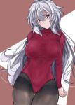  1girl absurdres ahoge alternate_hairstyle black_legwear breasts covered_navel hair_between_eyes highres large_breasts leotard long_hair looking_at_viewer pantyhose ribbed_leotard senki_zesshou_symphogear shishin_(shishintei) silver_hair solo thigh_gap turtleneck_leotard very_long_hair yukine_chris 