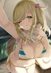  1girl ;) arm_up armpits bangs bare_arms bare_shoulders bikini blonde_hair blush breasts breath commentary_request cowboy_shot eyebrows_visible_through_hair fang green_eyes groin hair_bobbles hair_ornament hand_up head_tilt highres igakusei inuyama_aoi large_breasts long_hair looking_at_viewer navel one_eye_closed partial_commentary scarf side-tie_bikini sidelocks skin_fang smile solo stomach string_bikini striped striped_bikini sweat swimsuit thick_eyebrows thighs yurucamp 