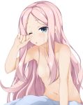  1girl ;o bangs blue_eyes blush breasts cafe_stella_to_shinigami_no_chou collarbone commentary_request eyebrows_visible_through_hair hair_censor hair_over_breasts hinata_masaki long_hair naked_sheet navel nude one_eye_closed parted_bangs parted_lips pink_hair rubbing_eyes shioyama_suzune simple_background small_breasts solo topless very_long_hair waking_up white_background 