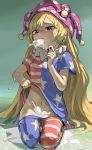  1girl absurdres american_flag_dress american_flag_legwear blonde_hair blush clownpiece commentary_request eating food hakonnbo hat highres jester_cap lifted_by_self long_hair looking_at_viewer neck_ruff no_panties no_shoes no_wings pantyhose pantyhose_pull polka_dot popsicle purple_eyes purple_headwear short_sleeves sketch solo sweat touhou 