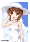  1girl bangs blue_sky brown_eyes brown_hair casual cloud cloudy_sky commentary day dress eyebrows_visible_through_hair flipper girls_und_panzer hand_in_hair hat looking_at_viewer nishizumi_miho open_mouth outdoors outside_border short_hair sky smile solo spaghetti_strap standing sun_hat sundress twitter_username white_dress white_headwear 