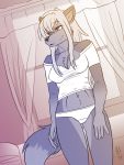  2019 anthro bed bedding bedroom bedroom_eyes blanket blonde_hair breasts camp_pines canid canine canis cleavage clothed clothing curtains dutch_angle female fur furniture grey_body grey_fur hair heresy_(artist) inside jensca mammal midriff monochrome morning narrowed_eyes navel panties pillow seductive shirt sketch solo t-shirt topwear underwear window wolf 