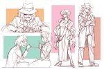  3girls arsene_lupin_iii arsene_lupin_iii_(cosplay) breasts cleavage cosplay crossed_arms food food_on_face grin gun gutalalaman handgun hat high_heels highres ishikawa_goemon_xiii ishikawa_goemon_xiii_(cosplay) jigen_daisuke jigen_daisuke_(cosplay) kazanari_genjuurou kohinata_miku large_breasts lupin_iii maria_cadenzavna_eve mine_fujiko mine_fujiko_(cosplay) multiple_girls necktie pants pasta pistol senki_zesshou_symphogear sketch smile spaghetti tachibana_hibiki_(symphogear) trench_coat weapon yukine_chris zenigata_kouichi zenigata_kouichi_(cosplay) 