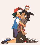  absurdres baseball_cap black_hair black_pants blue_eyes blue_footwear blue_vest blush bruise commentary_request dark_skin dark_skinned_male exposed_pocket gou_(pokemon) grey_footwear grey_shirt hair_ornament hairclip hat highres holding holding_poke_ball hug injury looking_to_the_side nico_o0 one_eye_closed open_mouth pants pocket poke_ball poke_ball_(generic) pokemon pokemon_(anime) pokemon_swsh_(anime) satoshi_(pokemon) shirt shoes short_sleeves sneakers spiked_hair sweat upper_teeth vest white_background white_shirt |d 