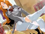  1girl :o artist_name bed blazer bleach bow bowtie breasts brown_bow brown_eyes collared_shirt dress_shirt grey_jacket grey_skirt highres indoors inoue_orihime jacket large_breasts leg_up long_hair long_sleeves maxiart miniskirt on_bed open_mouth orange_hair panties panty_pull pleated_skirt school_uniform shirt sitting skirt solo speech_bubble text_focus thighhighs underwear white_legwear white_shirt 