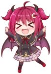  &gt;_&lt; 1girl :d ahoge bangs black_capelet black_dress black_legwear capelet chibi closed_eyes crescent crescent_hair_ornament curled_horns demon_girl demon_horns demon_wings dress eyebrows_visible_through_hair facing_viewer fang frilled_capelet frilled_dress frills full_body hair_between_eyes hair_ornament highres horns long_hair long_sleeves neck_ribbon nichika_(nitikapo) nijisanji open_mouth outstretched_arms purple_hair purple_wings red_footwear red_ribbon ribbon shoes simple_background sleeves_past_wrists smile solo thighhighs two_side_up virtual_youtuber white_background wings xd yuzuki_roa 