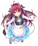  1girl absurdres apron aqua_eyes bat_hair_ornament black_shirt blue_skirt breasts brown_wings closed_mouth commentary_request crescent crescent_hair_ornament demon_girl demon_horns demon_tail demon_wings detached_sleeves fang fang_out frilled_apron frilled_skirt frills full_body hair_ornament heart heart_in_eye heterochromia highres horns long_sleeves maid_headdress nijisanji pantyhose pleated_skirt red_eyes red_hair ribbon-trimmed_apron ribbon_trim shirt shoes simple_background skirt small_breasts smile solo symbol_in_eye tail two_side_up uwabaki virtual_youtuber waist_apron wakagi_repa white_apron white_background white_footwear white_legwear white_sleeves wings yuzuki_roa 