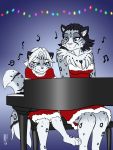  &lt;3 2019 adira_(twokinds) bench black_hair black_nose blue_eyes christmas christmas_lights clothing daughter dress feet felid fur fur_trim grey_body grey_fur hair heresy_(artist) holidays keyboard_instrument maeve_(twokinds) mammal mother multicolored_body multicolored_fur music musical_instrument musical_note pantherine parent piano pink_nose sitting snow_leopard spots stripes two_tone_body two_tone_fur twokinds webcomic white_body white_fur white_hair young 