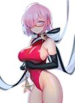  1girl areola_slip areolae bangs bare_shoulders black_gloves blush breasts closed_mouth commentary_request earrings elbow_gloves eyebrows_visible_through_hair fate/grand_order fate_(series) glasses gloves hair_over_one_eye highleg highleg_leotard highres holding imp_(sksalfl132) jewelry large_breasts leotard lips looking_at_viewer mash_kyrielight pink_hair purple_eyes red-framed_eyewear red_leotard shiny shiny_clothes shiny_hair shiny_skin short_hair sideboob simple_background sleeveless solo sparkle star thighs white_background 