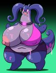  2019 alternate_species barefoot big_breasts bottomwear breasts clothing collar female glowing glowing_eyes goo_(disambiguation) goodra gradient_background hex_maniac huge_breasts hyper hyper_breasts navel nintendo nipples open_mouth overweight pok&eacute;mon pok&eacute;mon_(species) prinnydood shorts simple_background smile solo standing video_games 