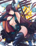  1girl armpits arms_up bangs bare_shoulders black_dress black_gloves black_legwear blue_eyes blunt_bangs breasts center_opening china_dress chinese_clothes dress elbow_gloves fate_(series) gloves hair_ornament halo large_breasts long_hair looking_at_viewer lying on_back parted_lips purple_hair saruno_(eyesonly712) side_slit solo thighhighs very_long_hair yang_guifei_(fate/grand_order) 