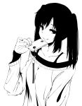  1girl absurdres cellphone cellphone_strap greyscale hand_up highres holding holding_phone layered_clothing long_hair long_sleeves looking_at_viewer monochrome nail_polish off-shoulder_sweater off_shoulder original phone rur_(ml_ruru) smartphone smile smug solo sweater twintails upper_body white_background 