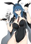  1boy 1girl absurdres animal_ears ass_visible_through_thighs blue_eyes blue_hair breasts bunny_ears bunnysuit byleth_(fire_emblem) byleth_(fire_emblem)_(female) cleavage detached_collar fire_emblem fire_emblem:_three_houses gloves hair_over_one_eye harukon_(halcon) highleg highres hubert_von_vestra jacket_on_shoulders large_breasts necktie partly_fingerless_gloves white_background wrist_cuffs 