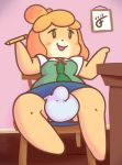  animal_crossing anthro balls blush breasts bulge canid canine canis clothed clothing domestic_dog fur furfireburst hair intersex isabelle_(animal_crossing) low-angle_view mammal nintendo open_mouth pencil_(disambiguation) shih_tzu sitting smile solo toy_dog upskirt video_games yellow_body yellow_fur 