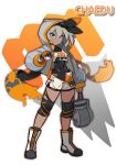  1girl absurdres bodysuit boxing_gloves covered_navel grey_eyes grey_hair hairband highres holding holding_poke_ball hood hooded_jacket jacket knee_pads poke_ball poke_ball_(generic) pokemon pokemon_(game) pokemon_swsh saitou_(pokemon) shorts 