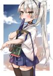  1girl amatsukaze_(kantai_collection) apron black_legwear blue_hakama chigasaki_y cloud commentary_request cosplay cowboy_shot gloves gradient_sky hakama hakama_skirt highres japanese_clothes kaga_(kantai_collection) kaga_(kantai_collection)_(cosplay) kantai_collection long_hair mouth_hold muneate partly_fingerless_gloves side_ponytail silver_hair single_glove sky smile solo standing tasuki thighhighs yellow_eyes yugake 