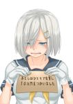  1girl blue_eyes blue_sailor_collar breasts commentary_request eyes_visible_through_hair gloves hair_ornament hair_over_one_eye hairclip hamakaze_(kantai_collection) highres kantai_collection large_breasts neckerchief open_mouth pet_shaming sailor_collar school_uniform serafuku short_hair sign silver_hair simple_background solo takasugi_heppu translation_request upper_body white_background white_gloves yellow_neckwear 
