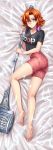  1girl :t adsouto artist_name bangs barefoot bed_sheet black_shirt blue_eyes breasts brown_hair cleavage closed_mouth collarbone dakimakura from_above full_body hair_between_eyes hair_intakes headphones headphones_around_neck highres holding holding_hammer looking_at_viewer lying medium_breasts nora_valkyrie on_side pink_shorts print_shirt print_shorts rwby shiny shiny_hair shirt short_hair short_shorts short_sleeves shorts soles solo war_hammer weapon 