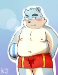  2016 anthro blue_body blue_fur blush canid canine clothing cute_fangs fur kemono male mammal moobs navel nipples re_jin37 slightly_chubby solo swimwear white_body white_fur 