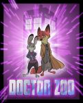  2015 anthro barefoot black_border border byron_howard canid canine clothed clothing coat crossover dipstick_ears disney doctor_who duo fox fully_clothed fur grey_body grey_fur half-closed_eyes judy_hopps lagomorph leporid mammal multicolored_ears narrowed_eyes nick_wilde official_art orange_body orange_fur purple_eyes rabbit red_fox smile standing topwear zootopia 