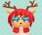  anthro antlers blush bovid caprine christmas clothed clothing duo eyeshadow fellatio female female_focus first_person_view fur green_background hair hi_res holidays horn lammy_lamb looking_at_viewer makeup male male/female mammal oral orange_body orange_fur parappa_the_rapper penile purple_eyes red_hair sex sheep simple_background solo_focus sony_corporation sony_interactive_entertainment sr um_jammer_lammy video_games 