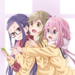  3girls :d black-framed_eyewear brown_eyes brown_hair cardigan cellphone commentary_request eyebrows_visible_through_hair fang from_side glasses green_eyes grin hair_between_eyes highres inuyama_aoi kagamihara_nadeshiko long_sleeves multiple_girls oogaki_chiaki open_mouth phone pink_hair pink_scarf pointing porikeracchou purple_hair red_scarf scarf school_uniform skin_fang smartphone smile striped striped_scarf thick_eyebrows twintails upper_body yurucamp 