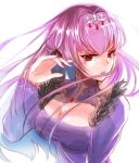  1girl bangs blush breasts cleavage collarbone fate/grand_order fate_(series) floating_hair highres long_hair long_sleeves looking_at_viewer medium_breasts purple_hair red_eyes scathach_(fate)_(all) shiny shiny_hair simple_background solo toratora789 upper_body very_long_hair white_background 