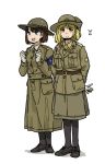  2girls anyan_(jooho) armband arms_behind_back black_footwear blonde_hair blue_eyes british_army brown_eyes brown_hair collared_shirt commentary_request full_body gloves hat korean_commentary long_skirt long_sleeves looking_at_viewer military military_uniform multiple_girls necktie original pantyhose shirt shoes short_hair simple_background skirt smile standing uniform w_arms white_background world_war_i 