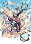  1boy bangs barefoot bird blue_eyes braid gears granblue_fantasy hair_between_eyes highres holding holding_oar hood jewelry long_hair male_focus noa_(granblue_fantasy) oar pale_skin silver_hair single_braid smile solo sumiuta_gbf upside-down wide_sleeves 