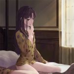  1girl animal_print bed bed_sheet bedroom breasts brown_hair cat_print curtains dress_shirt fate/stay_night fate_(series) green_eyes indoors kome000kome long_hair long_sleeves open_mouth panties partially_unbuttoned print_shirt shirt sitting small_breasts solo straight_hair toosaka_rin underwear very_long_hair wariza white_panties yellow_shirt 
