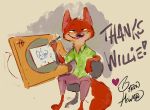  2019 anthro bottomwear byron_howard canid canine chair clothed clothing creating_art disney english_text fox fully_clothed furniture green_eyes half-closed_eyes mammal narrowed_eyes official_art open_mouth open_smile pants red_fox shirt sitting smile solo text topwear zootopia 