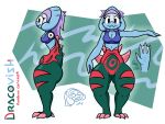  2020 anthro anthrofied breasts chimera clothing digital_media_(artwork) dinosaur dracovish female fish fossil_pok&eacute;mon glimglam hair hi_res hybrid marine membrane_(anatomy) model_sheet navel nintendo pok&eacute;mon pok&eacute;mon_(species) pok&eacute;morph reptile scalie solo spikes text thick_thighs video_games webbed_hands 