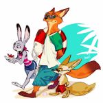  1:1 2018 anthro barefoot canid canine clothed clothing disney female fennec finnick fox fully_clothed fur grey_body grey_fur group holding_object judy_hopps lagomorph leporid male mammal nick_wilde orange_body orange_fur rabbit red_fox summer swimming_trunks swimwear tan_body tan_fur topless yasiplay zootopia 