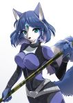  2020 anthro belt black_nose blue_hair bodysuit breasts canid canine claws clothing female fox fur green_eyes hair krystal mammal namagakiokami nintendo simple_background skinsuit smile staff star_fox tailband tight_clothing video_games 