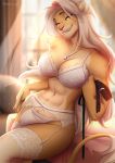  5_fingers anthro bra breasts bulge clothed clothing digital_media_(artwork) eyebrows eyelashes felid fingers gynomorph intersex kammi-lu lion mammal midriff navel pantherine solo underwear yellow_eyes 