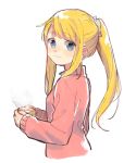  1girl blonde_hair blue_eyes closed_mouth cup dot_nose earrings eyebrows_visible_through_hair fingernails fullmetal_alchemist happy high_ponytail holding holding_cup jewelry long_hair long_sleeves looking_at_viewer looking_back mug pink_sweater ponytail scrunchie shaded_face shiny shiny_hair sidelocks simple_background sleeves_past_wrists smile solo steam straight_hair sweater turtleneck turtleneck_sweater upper_body white_background white_scrunchie winry_rockbell yue_jiu 