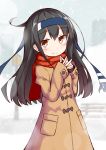  1girl absurdres alternate_costume black_hair blue_headband blush brown_coat brown_eyes coat commentary_request eyebrows_visible_through_hair hair_between_eyes hatsushimo_(kantai_collection) headband highres ichi kantai_collection long_hair long_sleeves pocket red_scarf remodel_(kantai_collection) scarf smile solo upper_body 
