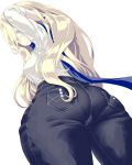  1girl alternate_costume ass bangs blonde_hair blue_scarf blush breasts closed_mouth dd_(ijigendd) denim eyebrows_visible_through_hair eyes_visible_through_hair from_below grey_eyes hand_in_hair highres jeans kantai_collection large_breasts long_hair pants pocket richelieu_(kantai_collection) scarf shirt simple_background solo white_background white_shirt 
