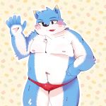  2016 anthro belly blue_body blue_fur blush bulge canid canine clothing fur male mammal moobs navel nipples overweight overweight_male re_jin37 solo underwear white_body white_fur 